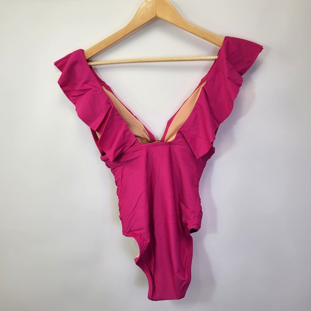 J. Crew Ruched Ruffle One Piece Swimsuit Size 4 Pink Deep V Neck NWT - Picture 3 of 5